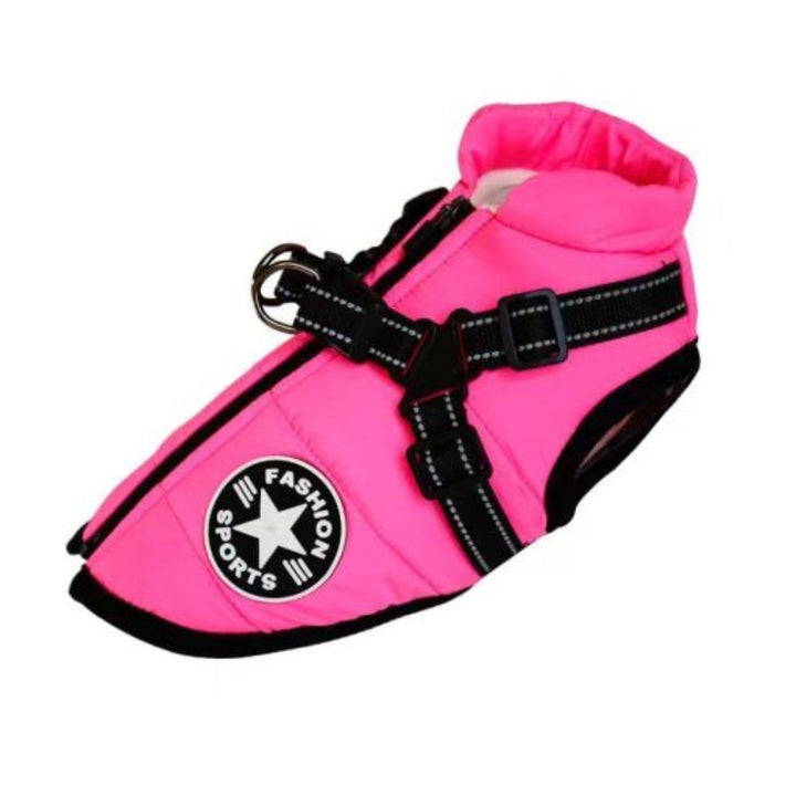 Adjustable waterproof dog jacket with built-in harness for small to large dogs.