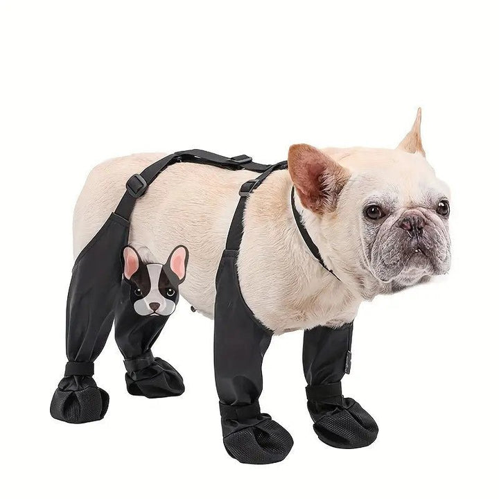 Waterproof dog leggings with adjustable fasteners, black, for paw protection & outdoor pet gear in all weather.