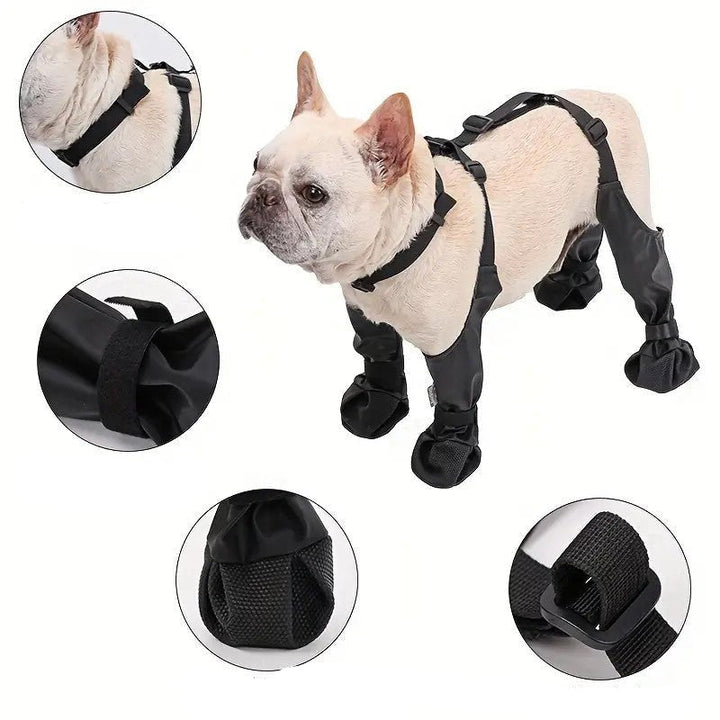 Set of four black waterproof dog leggings, adjustable fasteners, perfect pet shoes for all-weather dog paw protection.