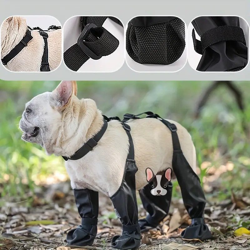 Side view of dog wearing waterproof pet leggings, adjustable fasteners, offering paw protection for outdoor dog activities.