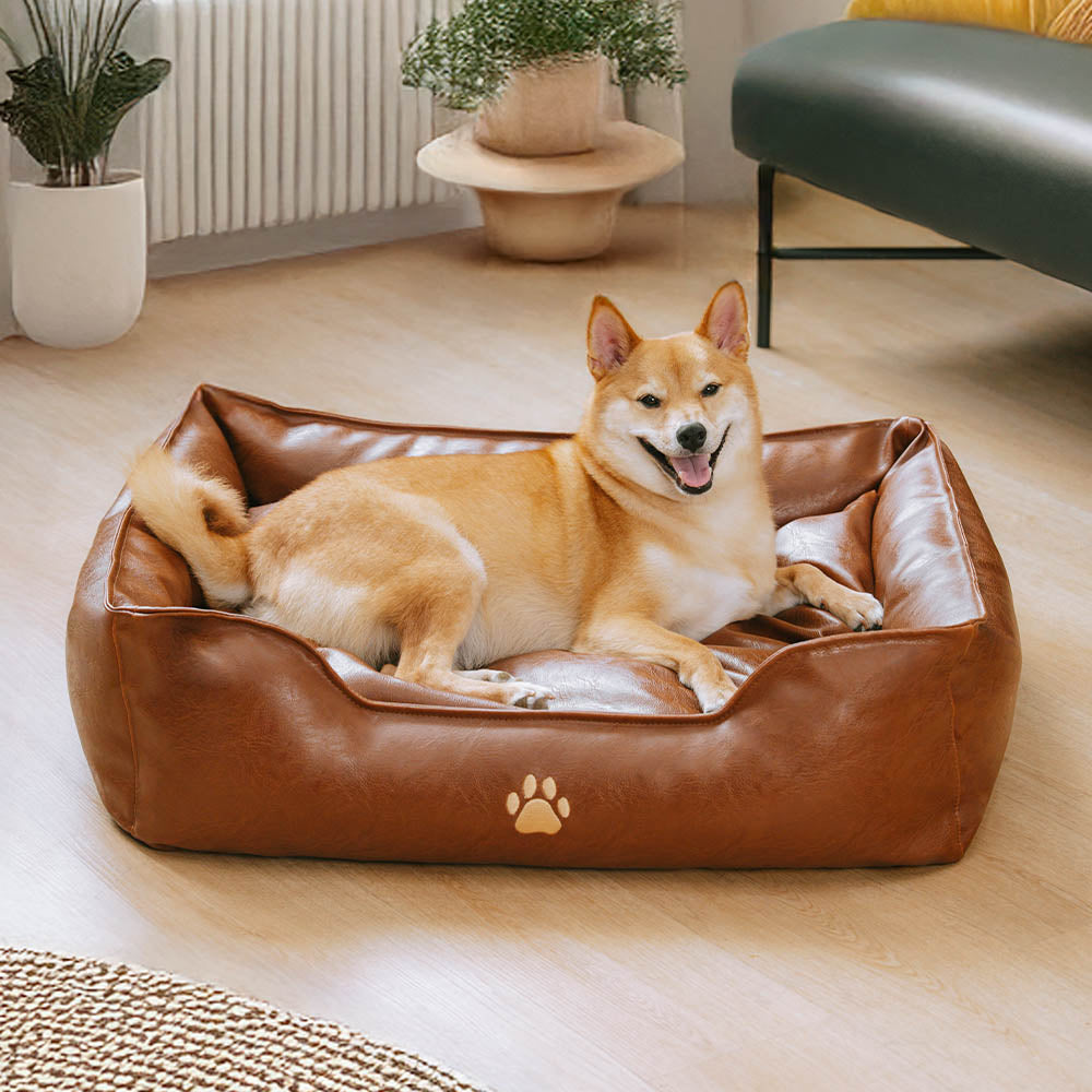Stylish waterproof faux leather pet sofa bed, stain resistant dog bed with raised sides and comfortable cushion