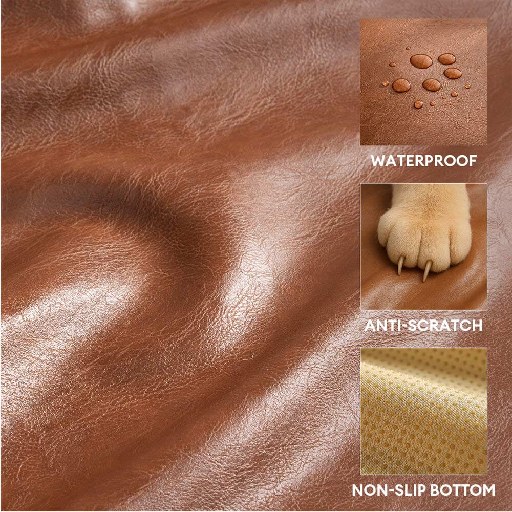 Close-up of waterproof faux leather texture on a washable dog sofa bed, durable pet furniture for dogs