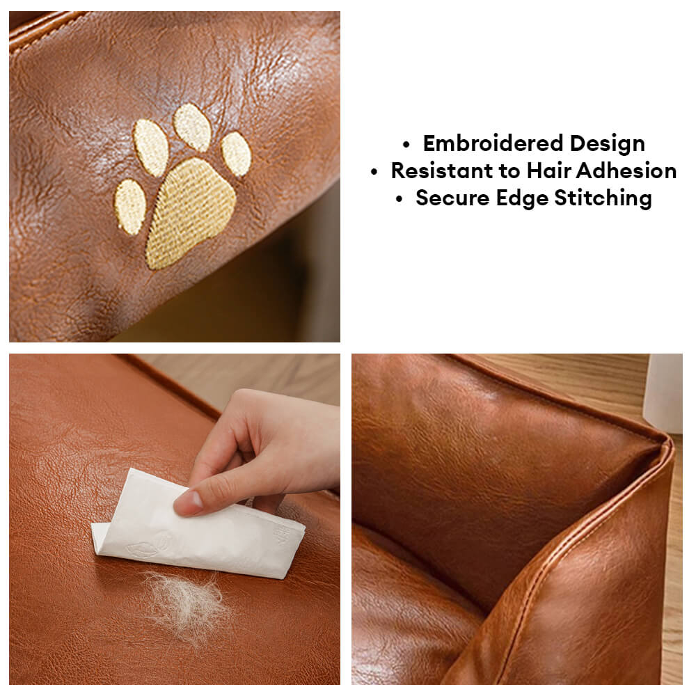 Aerial view of a robust waterproof faux leather dog bed, pet sofa with ample space for dogs to relax