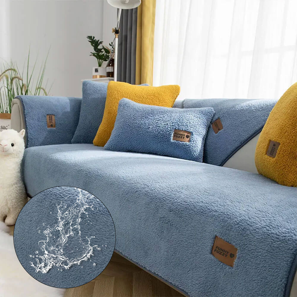 Waterproof faux sherpa fleece sofa cover, anti-slip back, perfect pet-friendly furniture protection