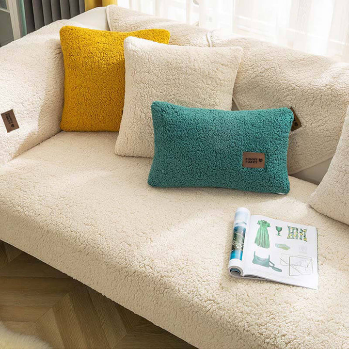 Tan waterproof faux sherpa fleece sofa cover with anti-slip bottom, great for pet owners, machine washable