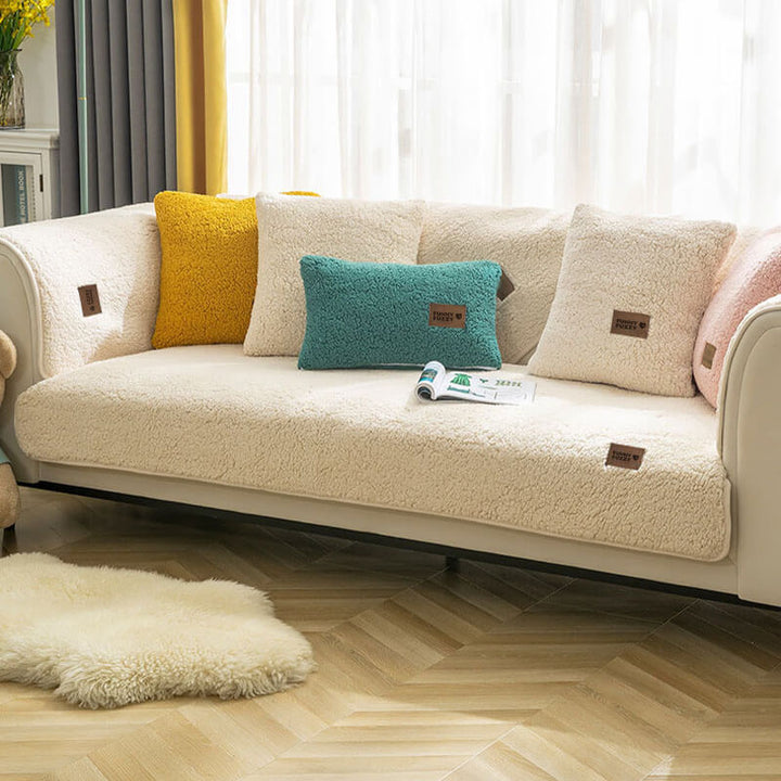 Gray waterproof sherpa fleece couch protector, non-slip, cozy and durable for pet-friendly living spaces
