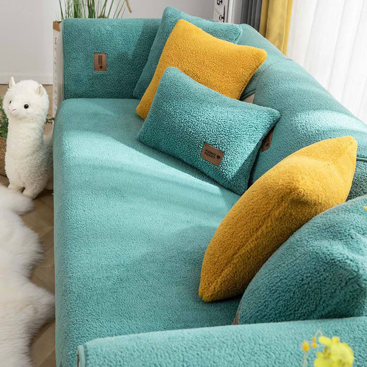 Collection of waterproof sherpa fleece sofa covers in various colors, all pet-friendly and anti-slip