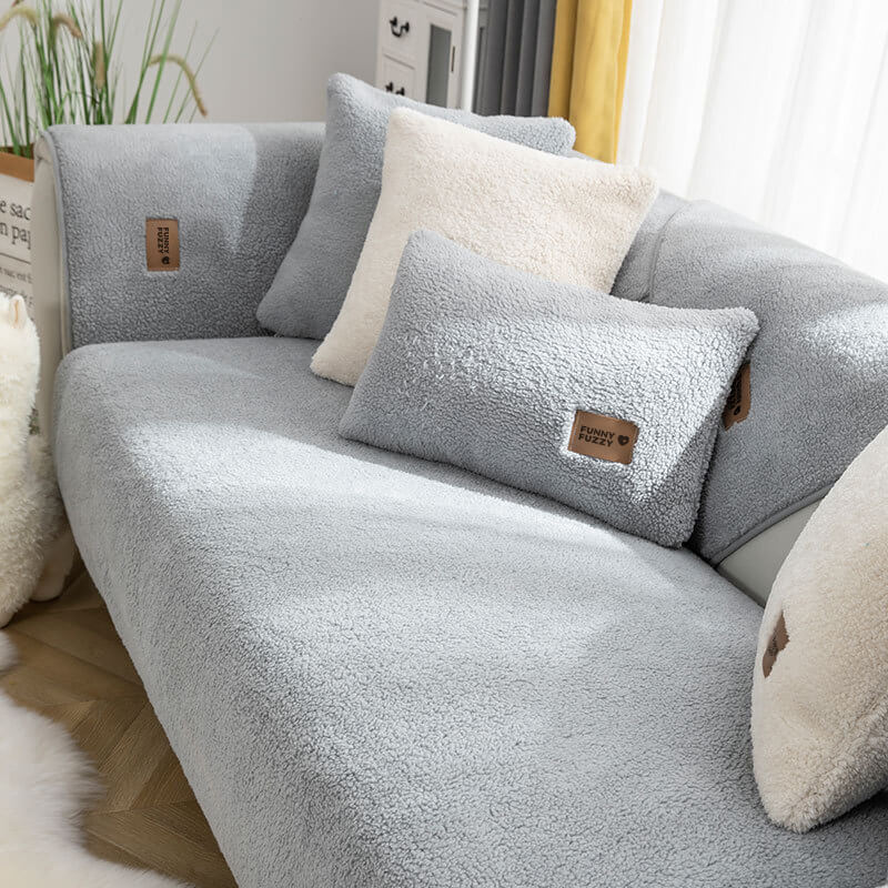 Pet-friendly waterproof couch cover, soft faux sherpa fleece in a neutral shade, anti-slip for dogs