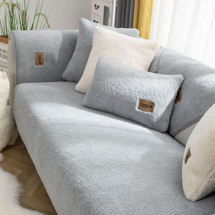 Pet-friendly waterproof couch cover, soft faux sherpa fleece in a neutral shade, anti-slip for dogs