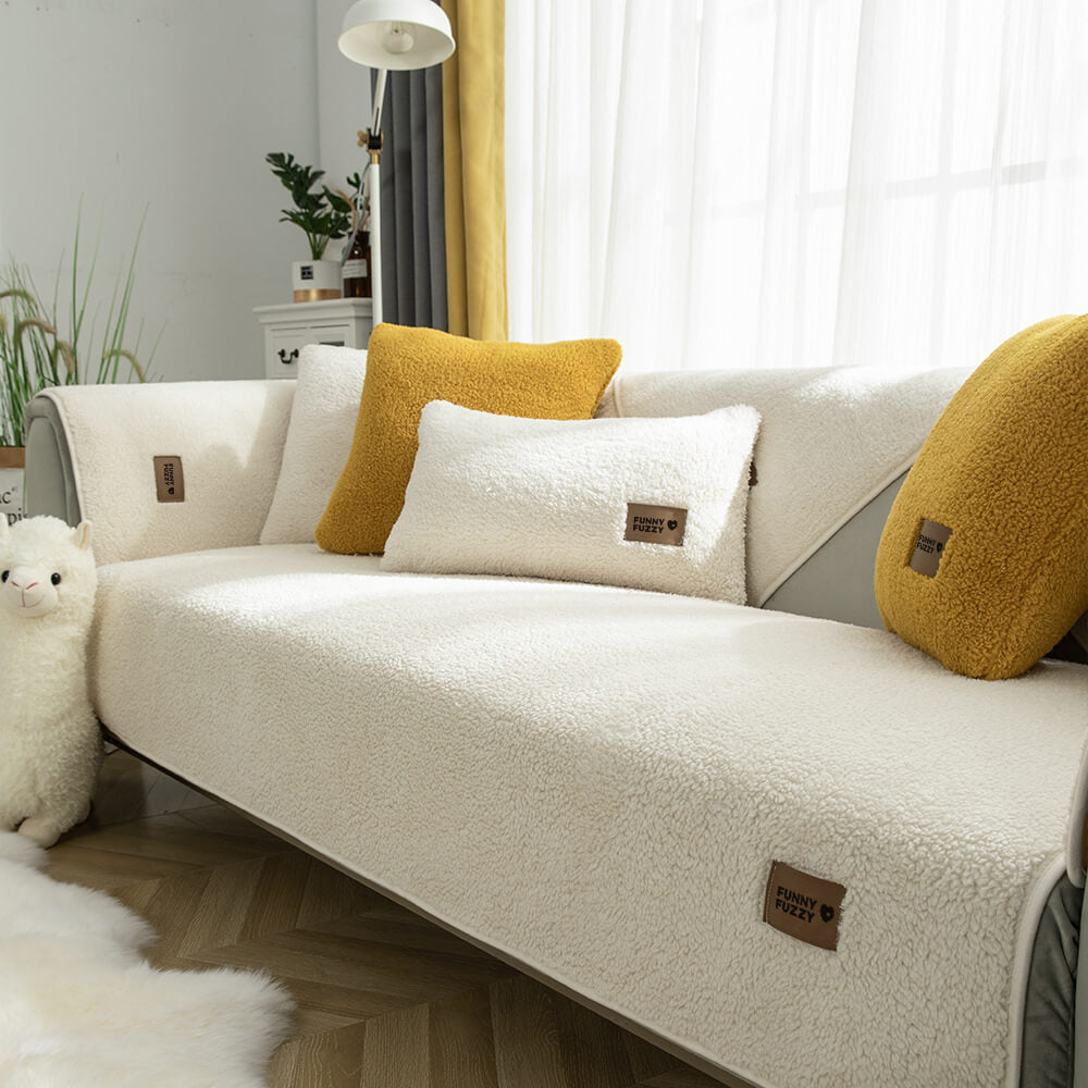 Close-up of waterproof sherpa fleece texture on a non-slip sofa cover, cozy and durable