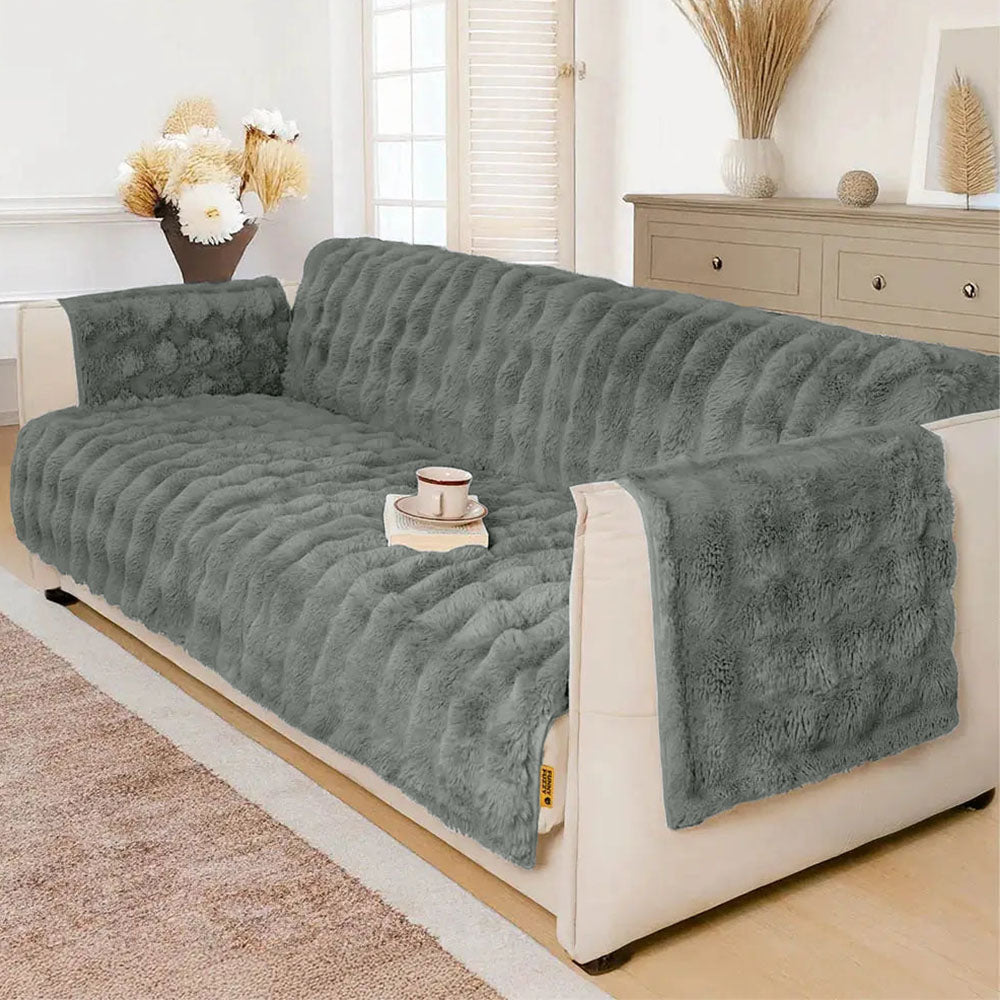 Waterproof fluffy couch cover in light grey, soft, pet friendly sofa protector for living room furniture.