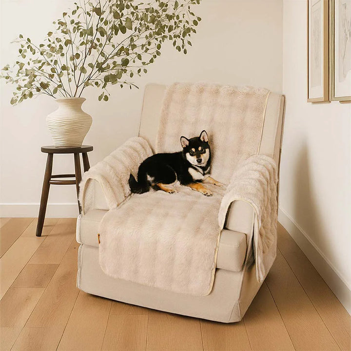 Waterproof fluffy couch cover in a bright blue, vibrant and pet friendly sofa protection.