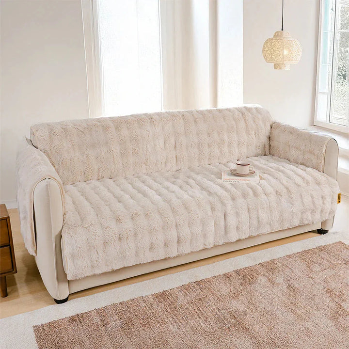 Purple waterproof fluffy sofa protector, soft and luxurious, for complete furniture protection.