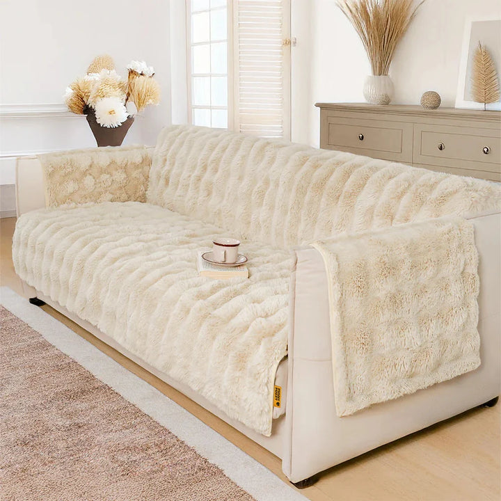 Overview of a living room showcasing a waterproof fluffy couch cover as key home decor.