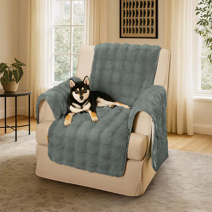 Beige fluffy waterproof couch cover with anti-slip backing, ideal pet friendly sofa protector.