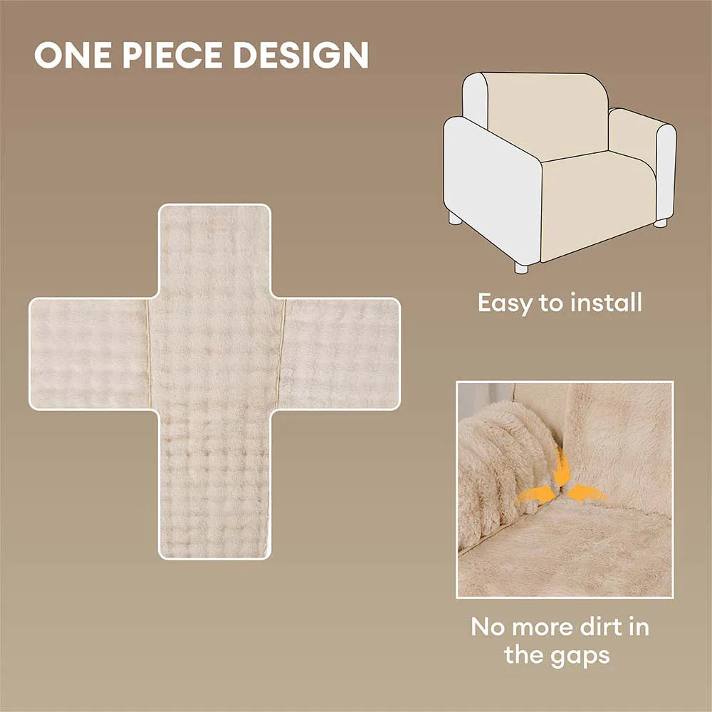 Waterproof brown fluffy couch cover, durable and washable, protecting sofa from pets.