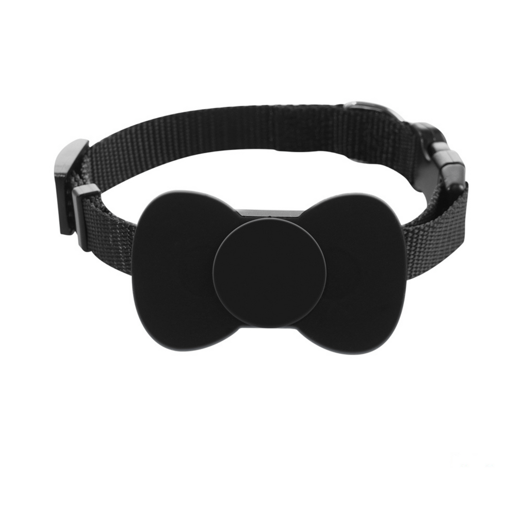Waterproof GPS pet locator on a black collar, perfect for tracking cats and dogs, ensuring pet safety.