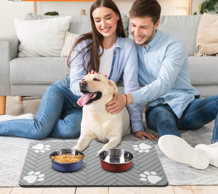 Waterproof non-slip pet feeding mat for dogs and cats, protecting floors from spills. Easy clean pet care.