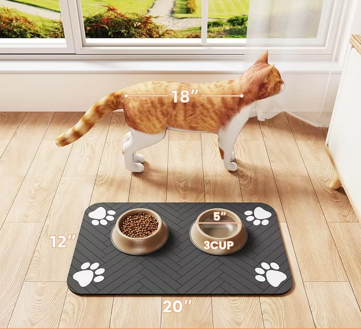 Non-slip dog feeding mat, waterproof to contain messes. Durable pet mat for home protection.