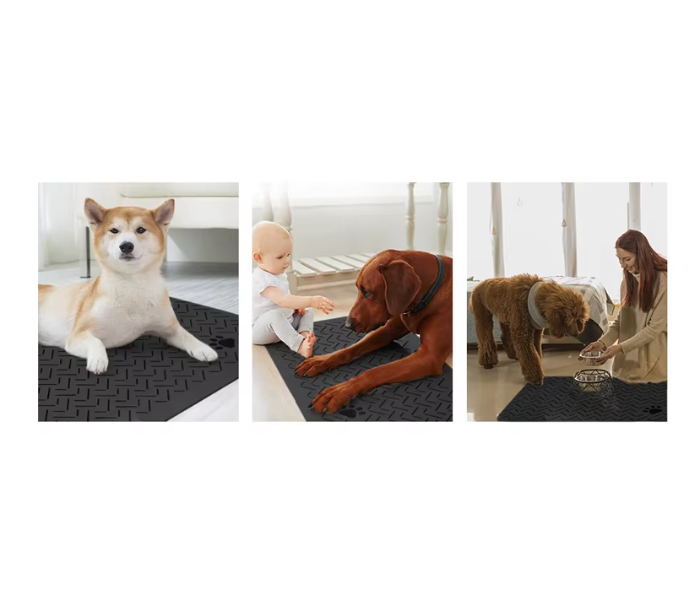 Durable pet feeding mat, non-slip design for secure bowls. Waterproof for effortless clean-up and pet care.