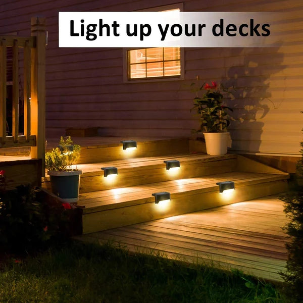 Waterproof solar deck light, close-up of the integrated solar panel and LED light fixture