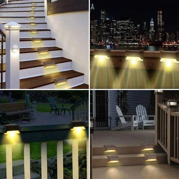 Multiple solar garden lights casting soft illumination along a contemporary patio deck