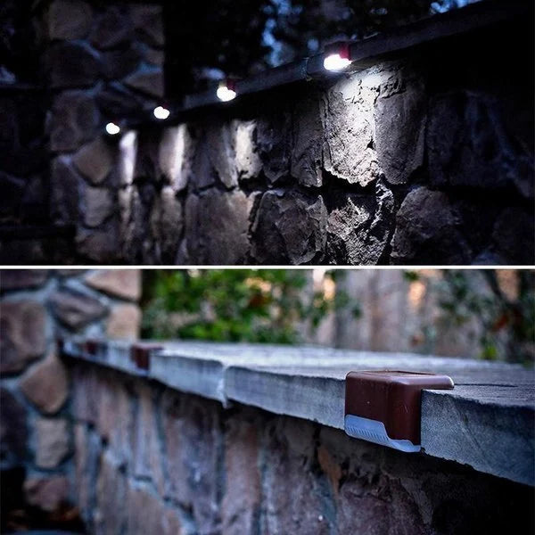 Bright solar deck lights highlighting steps and railing, providing effective outdoor illumination