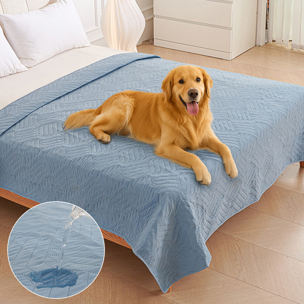Washable pet blanket in neutral tone draped over a bed, perfect for pet-friendly home decor.