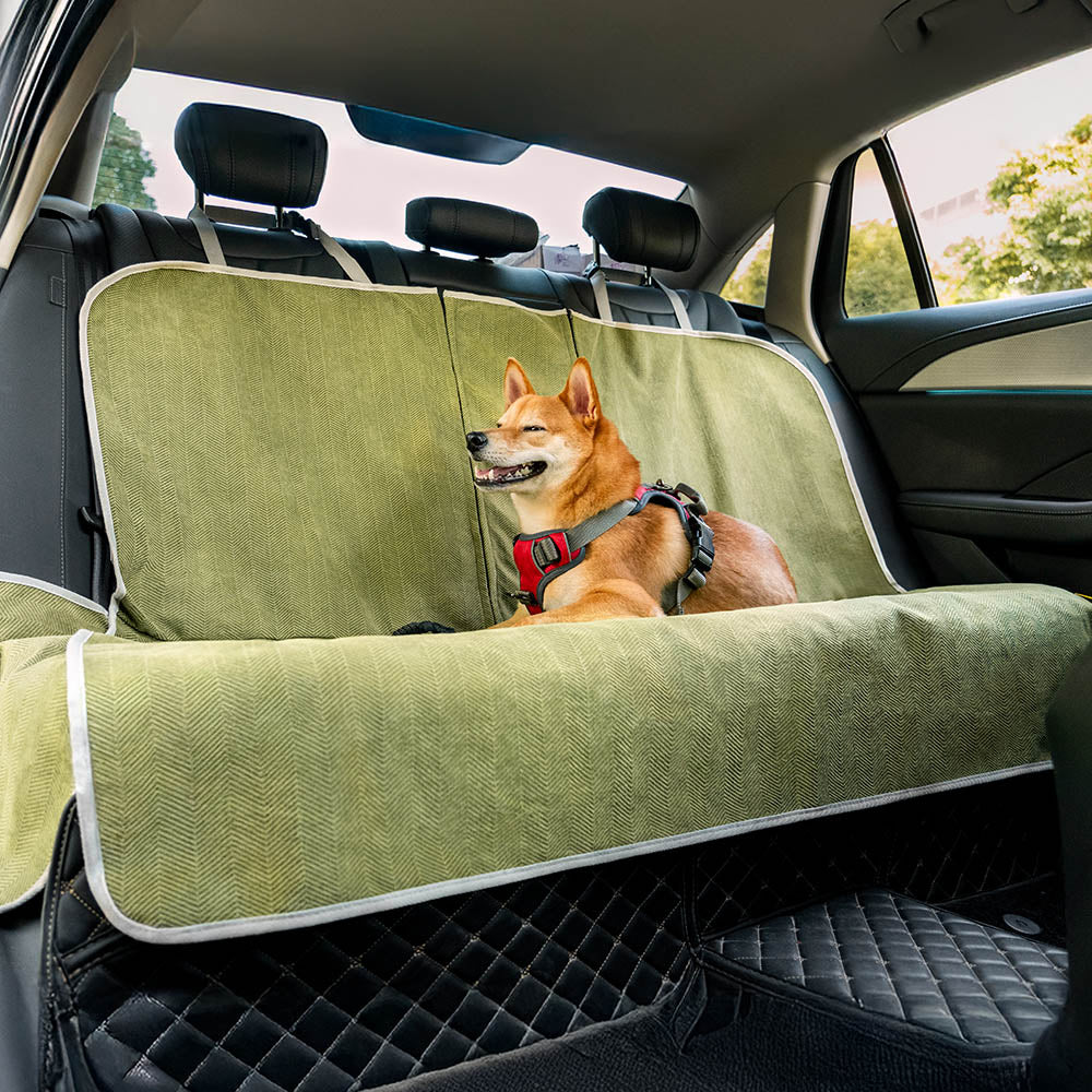 Waterproof pet car seat cover protecting vehicle interior from dog travel mess