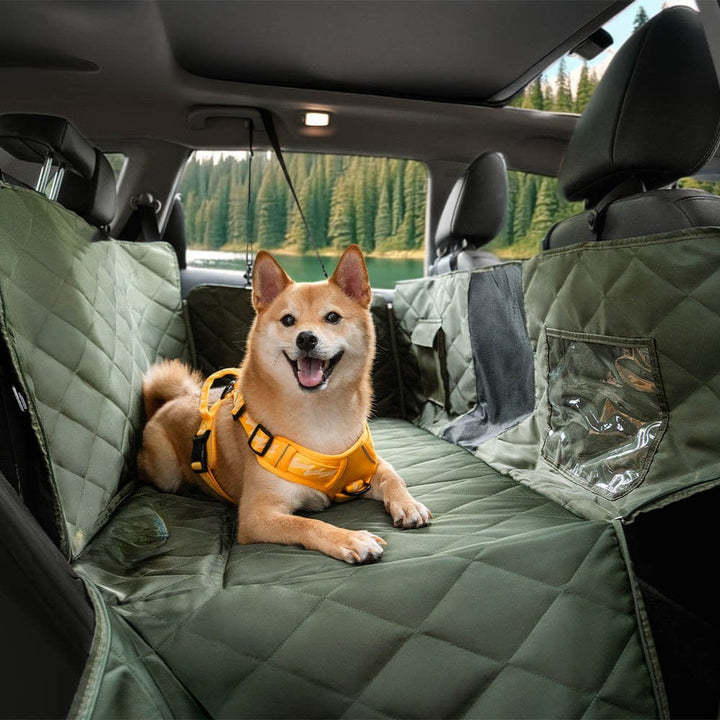Foldable pet car seat extender provides extra space and safety for pets.