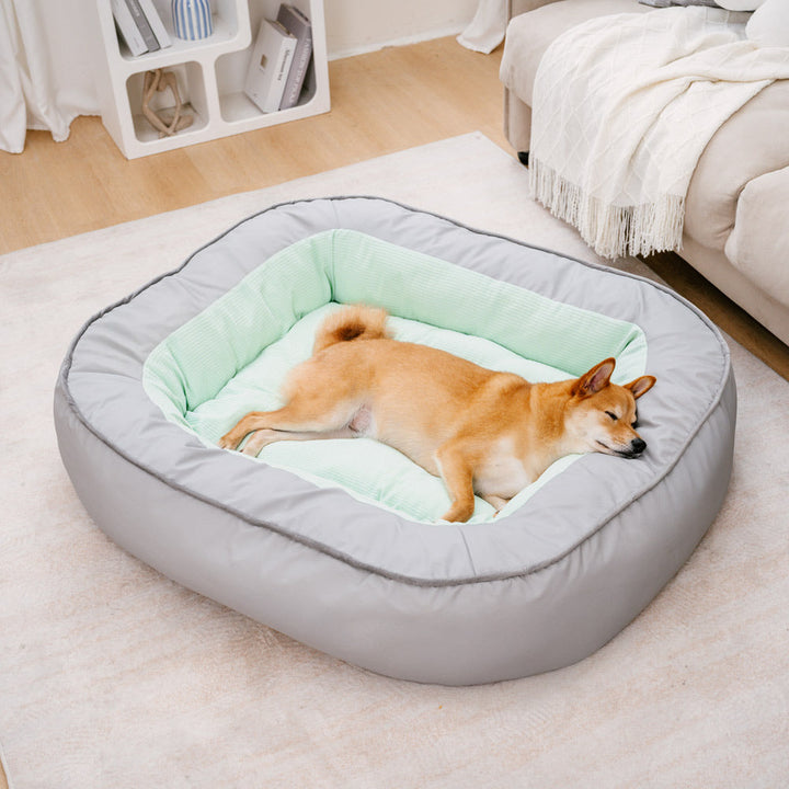 Waterproof PU leather dog bed in brown, offering full support for large dogs.