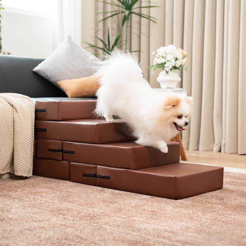 Pet stairs with a multi-level design, showing a pet bed area, PU leather, easy to assemble