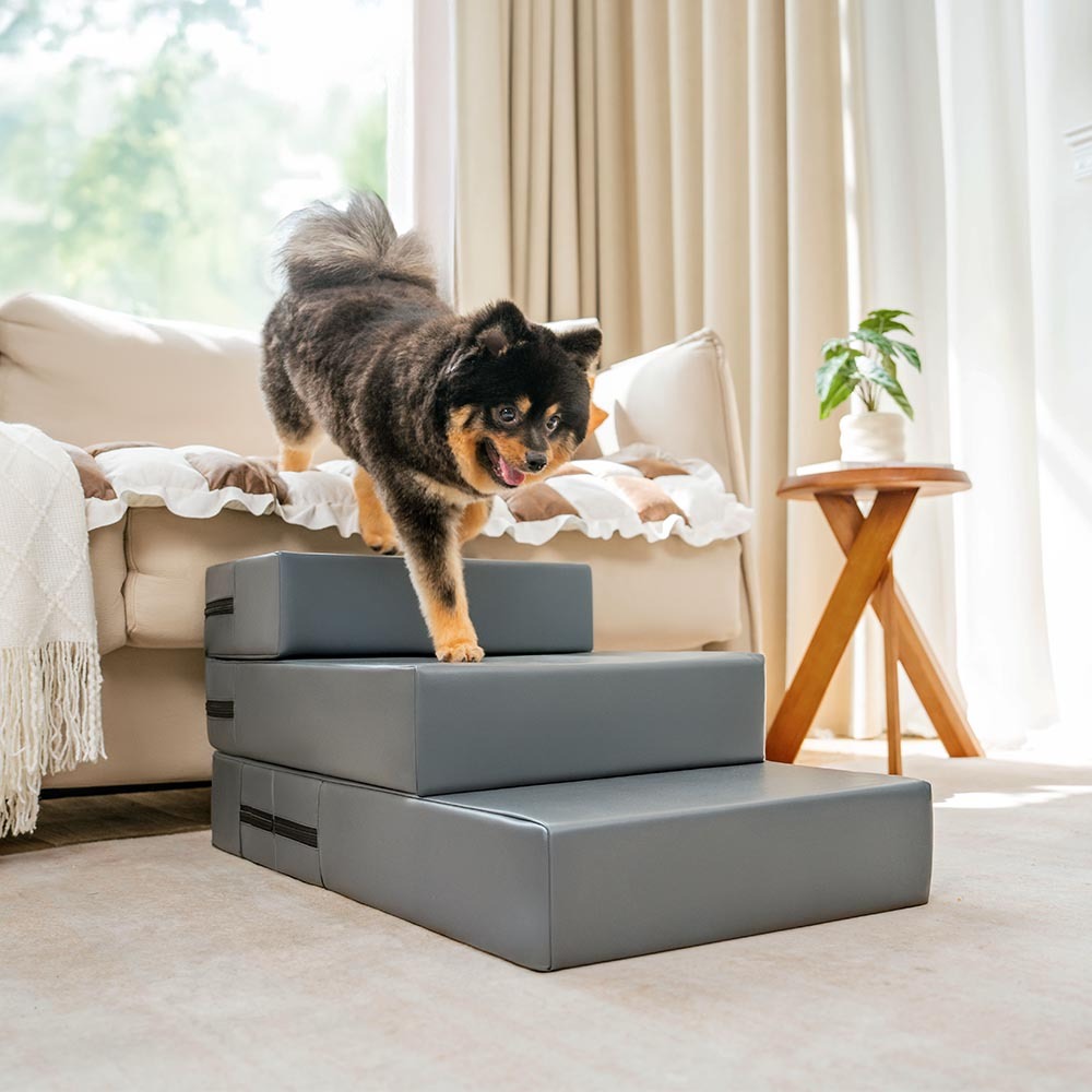 Angle shot of high-density foam pet stairs covered in waterproof PU leather for pet furniture
