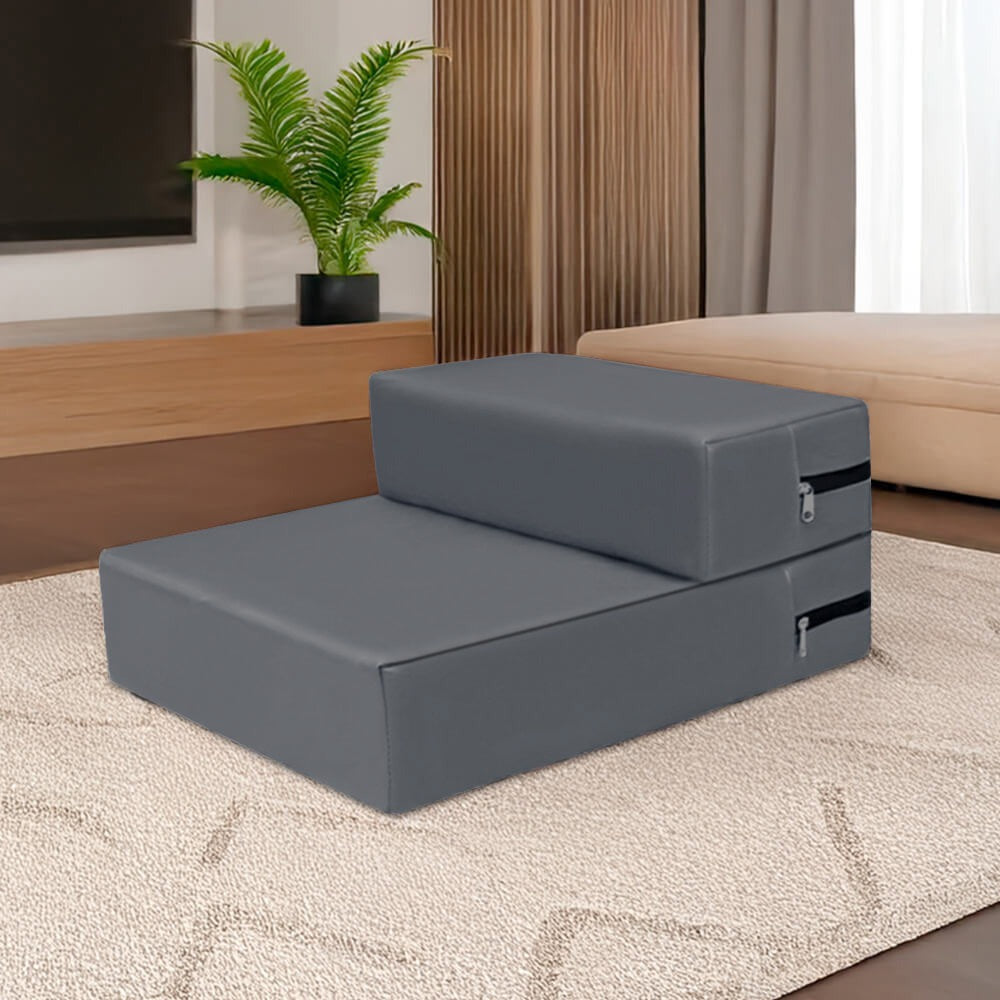 Multiple pets, a dog and cat, using the versatile PU leather pet stairs simultaneously