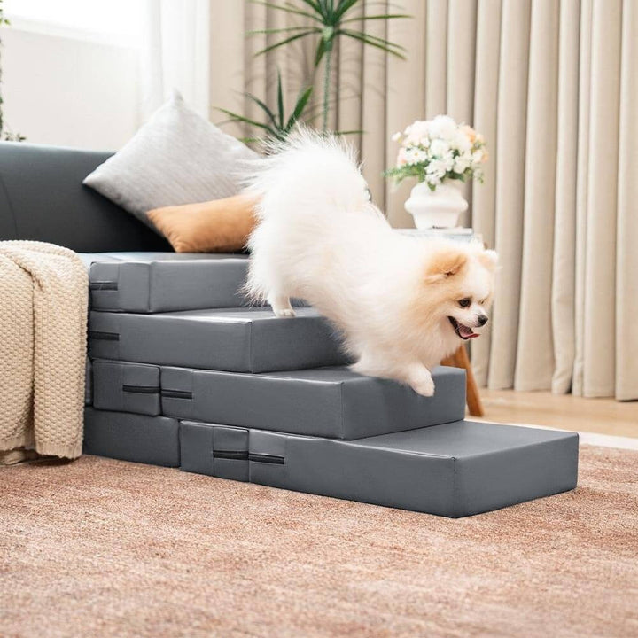 Senior dog easily navigating adjustable PU leather pet stairs, providing hip and joint support