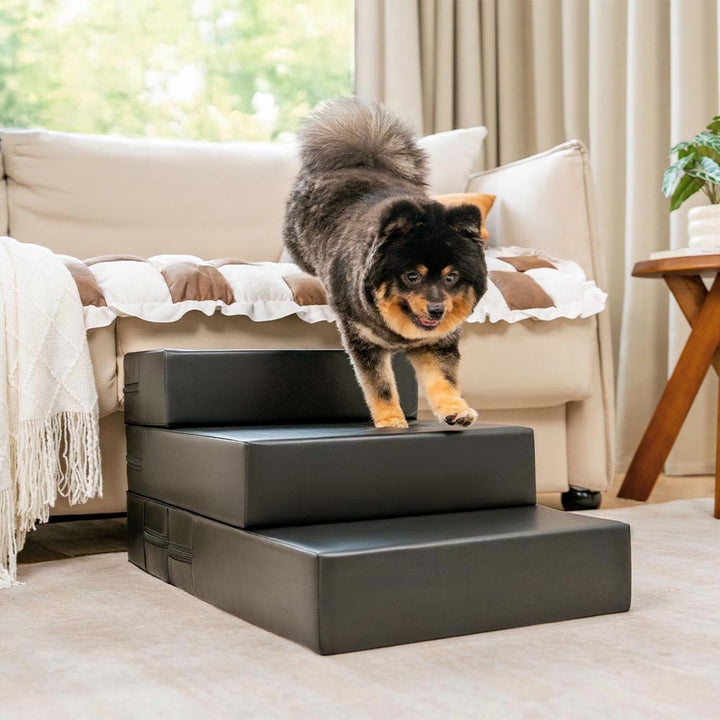 Waterproof PU leather pet stairs, multi-level design for dogs & cats, easy clean support.