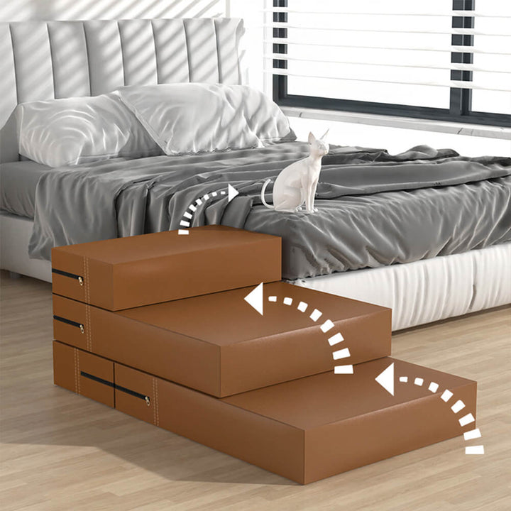 Waterproof pet stairs in stylish faux leather, multi-level for optimal pet support.