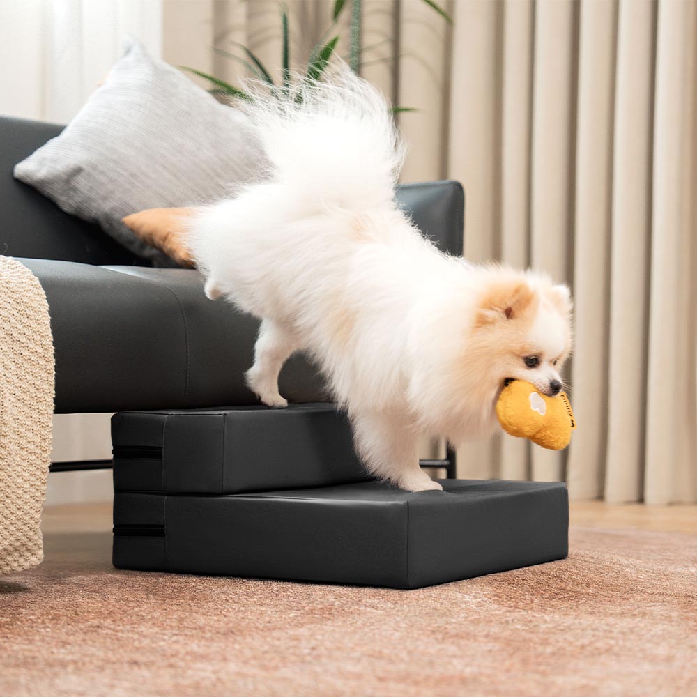Multi-level pet stairs, waterproof PU leather, sturdy design for active dogs & cats.