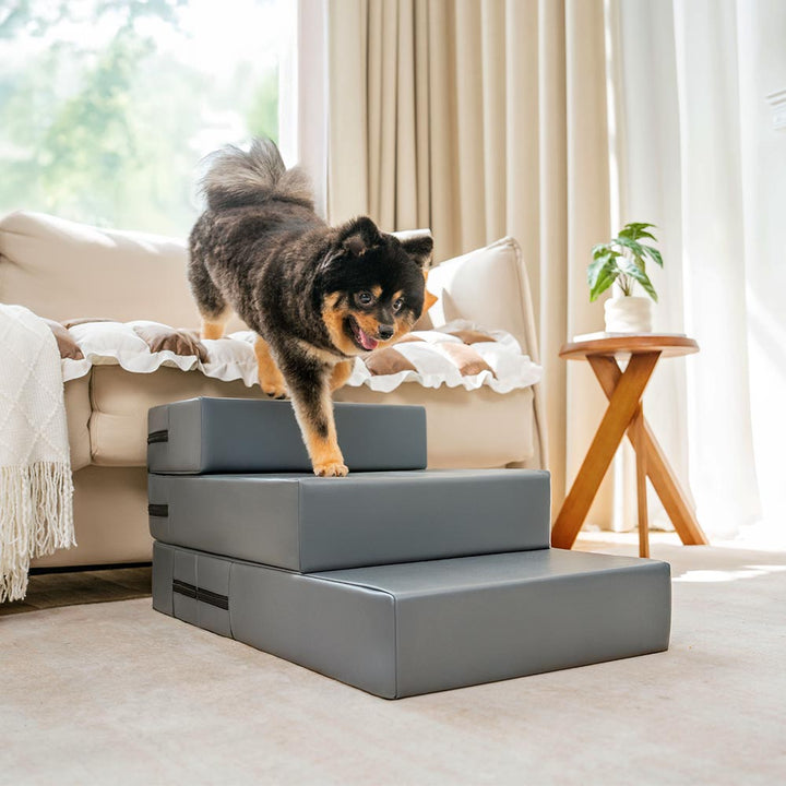 Waterproof dog & cat stairs, PU leather, modular and washable for convenient pet care.