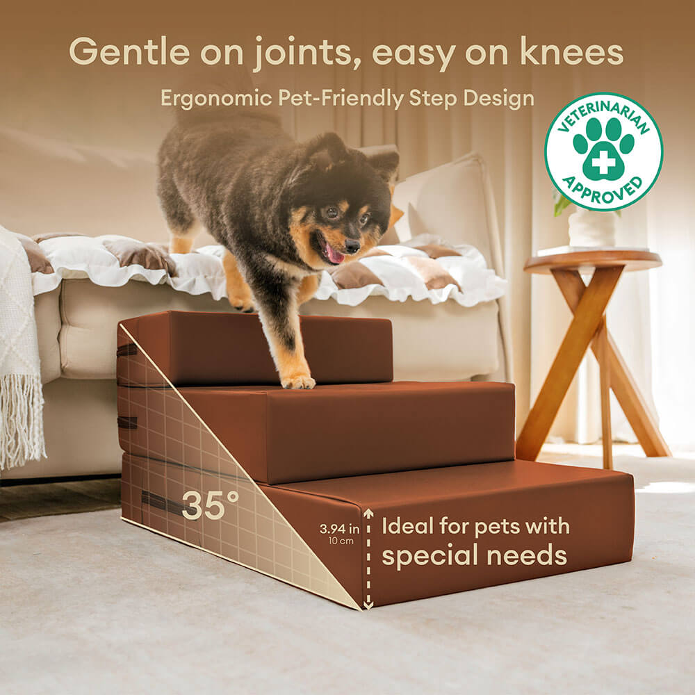 Modular pet support stairs with waterproof faux leather for joint relief in dogs and cats.