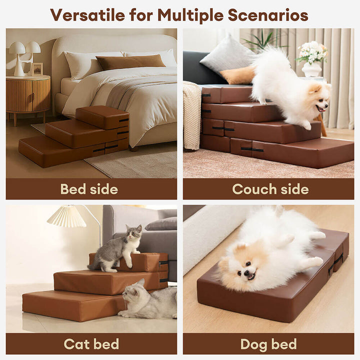 Washable dog stairs, faux leather, promoting joint health, multi-level pet furniture.