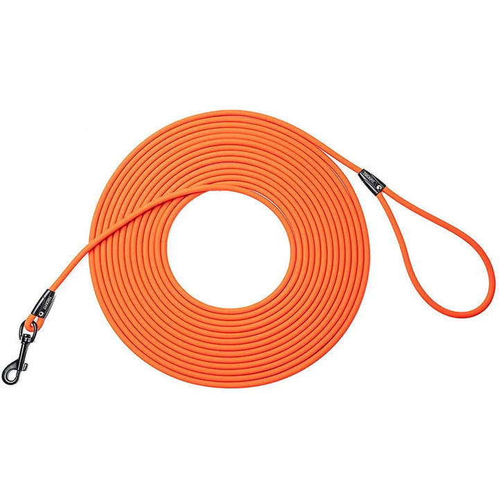 Dog walker holding a grey waterproof PVC leash, demonstrating its comfortable grip for pet accessories.