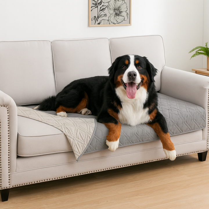 Waterproof quilted dog couch cover in gray, non-slip sofa protector for pets, washable furniture cover.