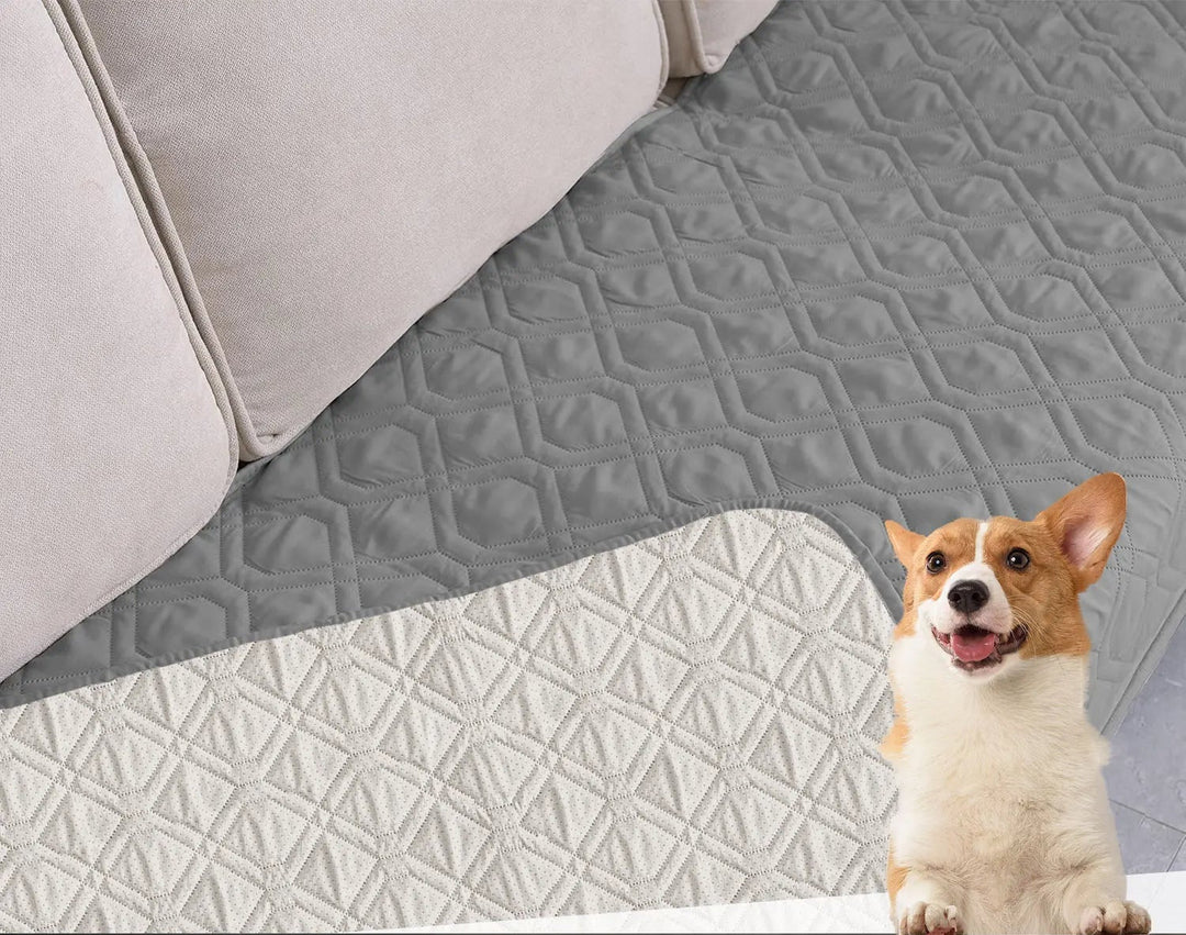 Washable dog couch cover, waterproof and non-slip, protecting a sofa from pet use, gray color.