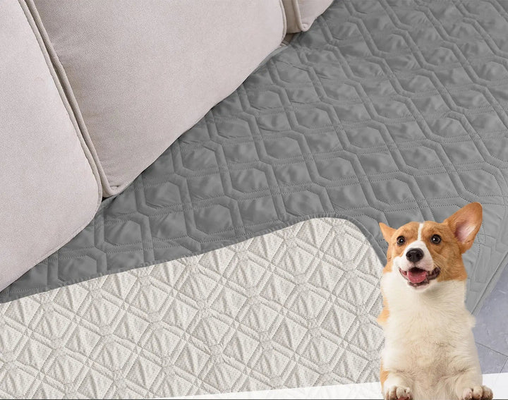 Washable dog couch cover, waterproof and non-slip, protecting a sofa from pet use, gray color.