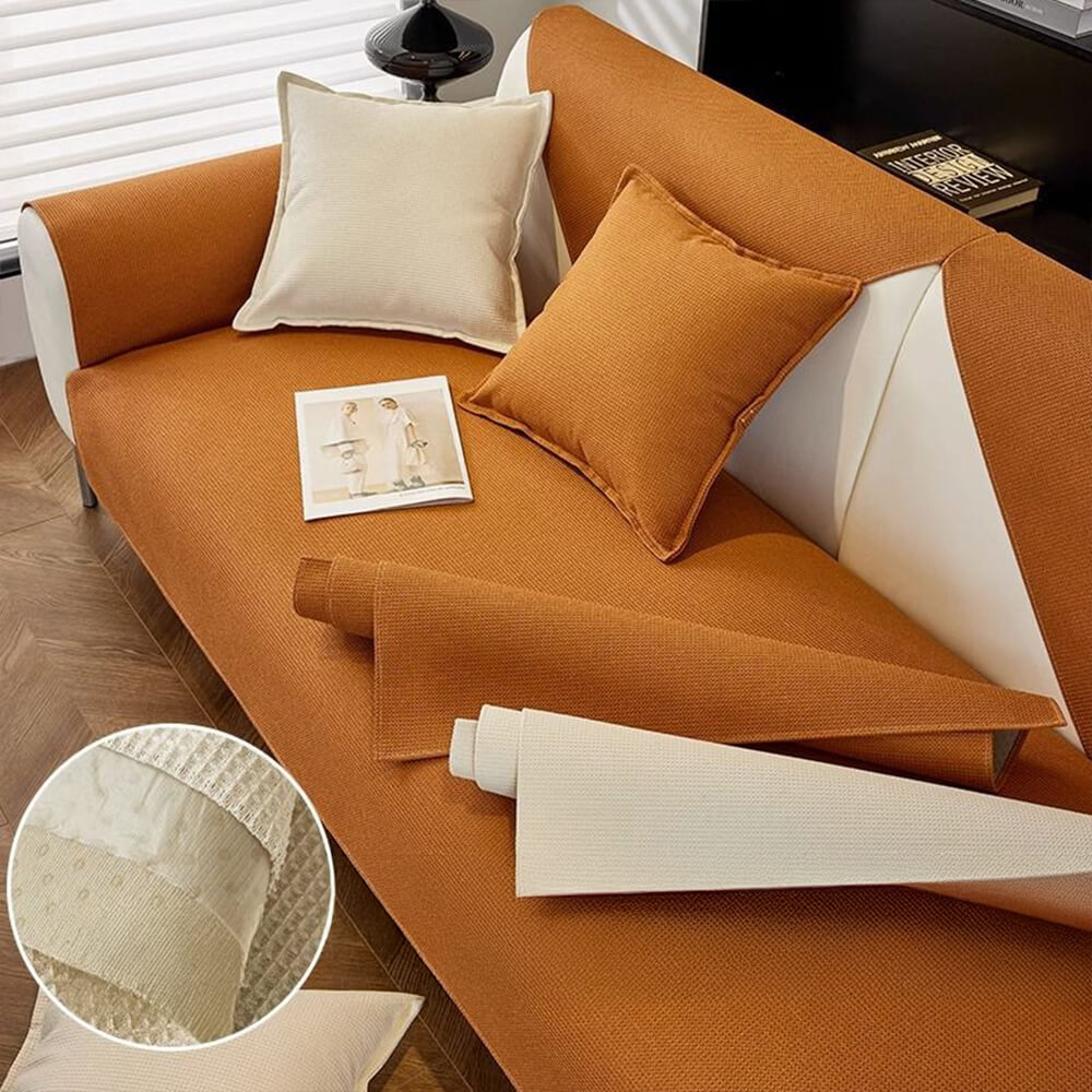 Beige waterproof pet couch cover securely fitted on a two-seater sofa, offering complete furniture protection.