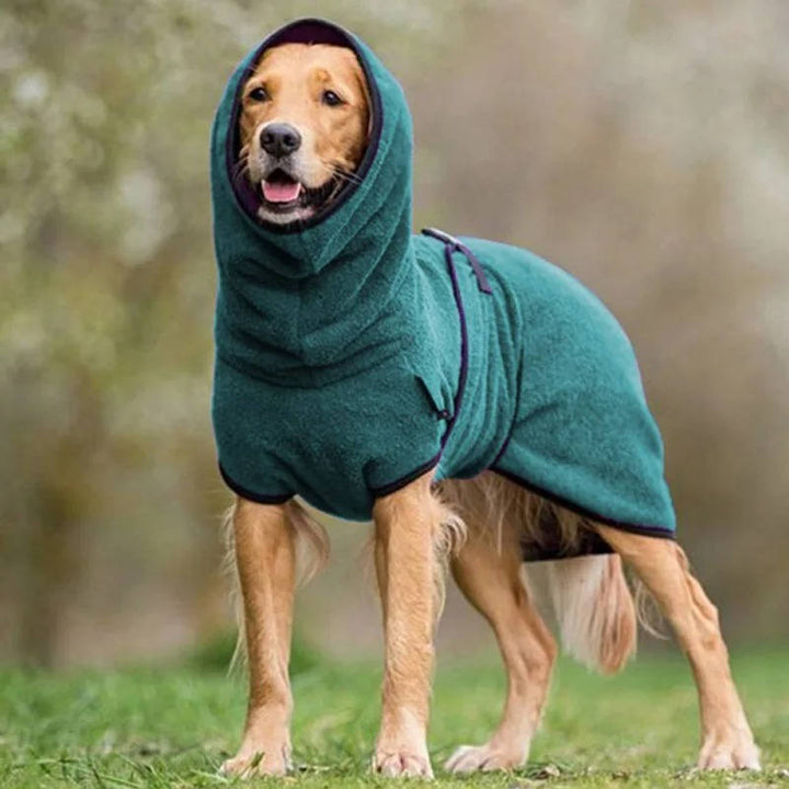 Waterproof reflective dog winter coat in red, showing adjustable straps for a snug fit. Winter pet wear.