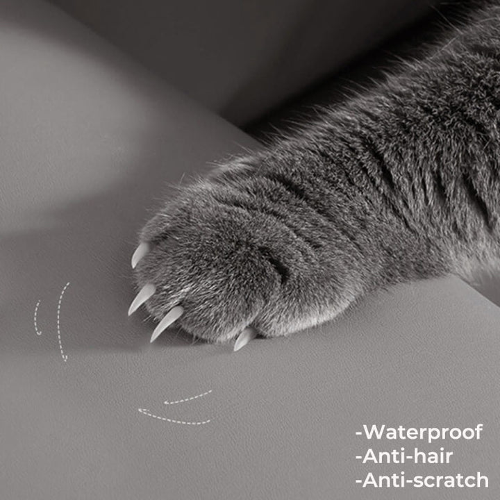 Corner of a sectional sofa with a fitted waterproof cover, illustrating complete furniture protection for pets.
