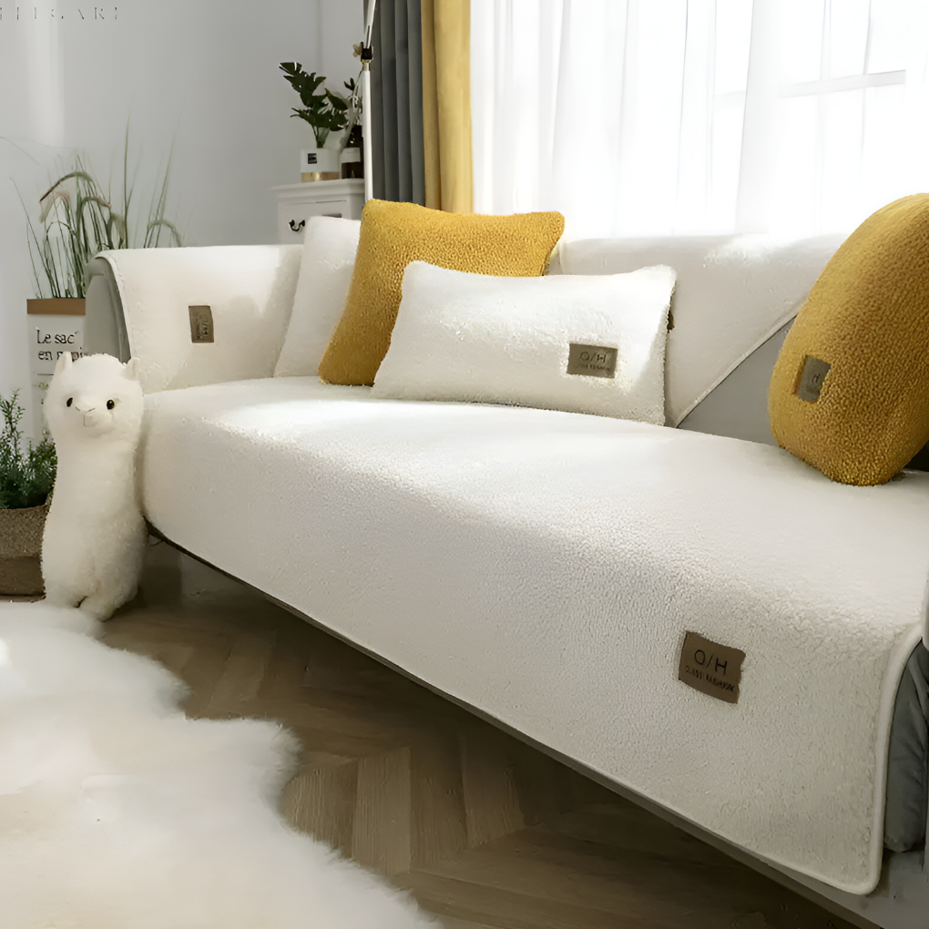 Cozy fleece sofa cover, waterproof and non-slip, in a modern living room setting. New4 furnitureprotection.