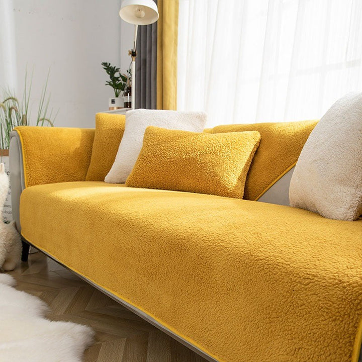Close-up of thick waterproof fleece sofa cover texture, showing non-slip design. New4 sofacover.